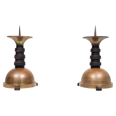 Pre-owned Honsel Art Deco Brass Candlesticks In Amsterdam School Style, Dutch, 1930s In Brown