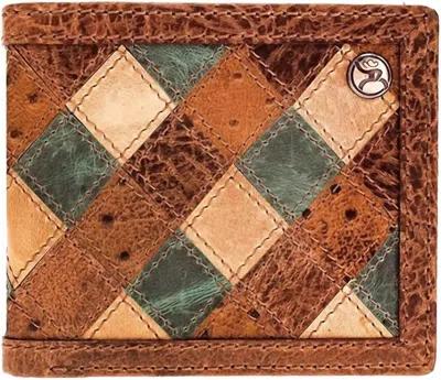 Hooey Men's Roughy Ostrich Print Leather Diamond Patchwork Bifold Wallet In Ouray - Brown & Turquoise In Multi
