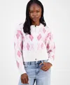 Hooked Up By Iot Juniors' Argyle Crewneck High-rib Cardigan In Pink