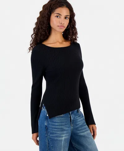 Hooked Up By Iot Juniors' Asymmetric-hem Boat-neck Sweater In Black