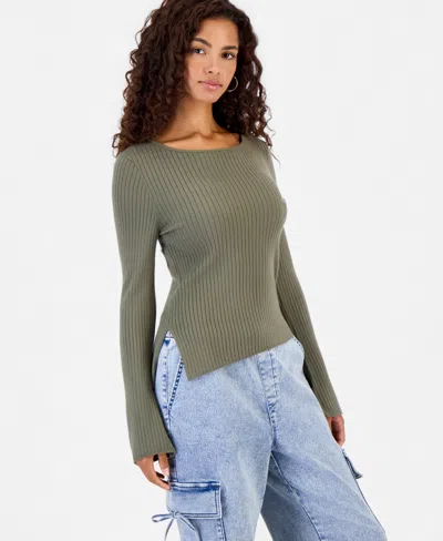 Hooked Up By Iot Juniors' Asymmetric-hem Boat-neck Sweater In Dusty Olive
