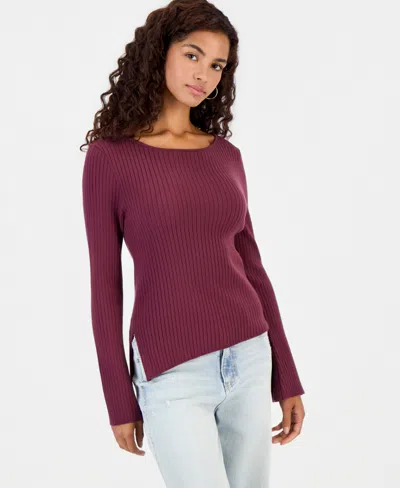 Hooked Up By Iot Juniors' Asymmetric-hem Boat-neck Sweater In Mauve Wine