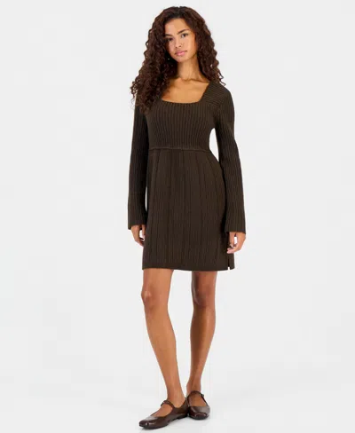 Hooked Up By Iot Juniors' Babydoll Square Neck Sweater Dress In Chocolate Brown