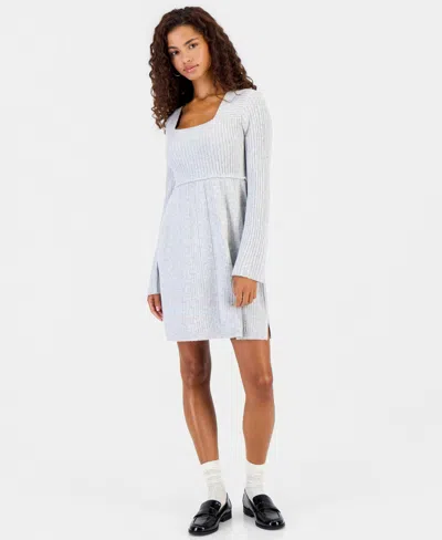 Hooked Up By Iot Juniors' Babydoll Square Neck Sweater Dress In Heather Grey