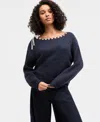 Hooked Up By Iot Juniors' Bow Boat-neck Sweater In Blue
