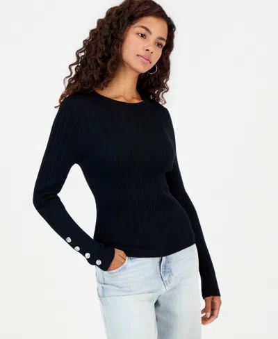 Hooked Up By Iot Juniors' Button Fine Gauge Crewneck Ribbed Cardigan In Black