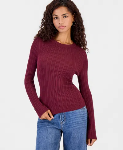 Hooked Up By Iot Juniors' Button Fine Gauge Crewneck Ribbed Cardigan In Burgundy