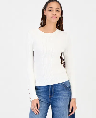 Hooked Up By Iot Juniors' Button Fine Gauge Crewneck Ribbed Cardigan In Coconut Milk
