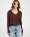 Hooked Up By Iot Juniors' Cable-knit V-neck Sweater In Brown