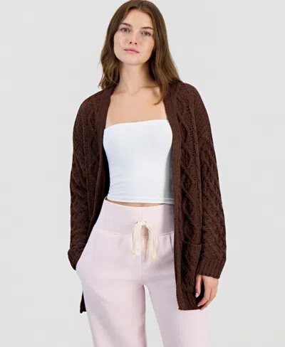 Hooked Up By Iot Juniors' Cable-knit Chenille Midi Cardigan In Brown