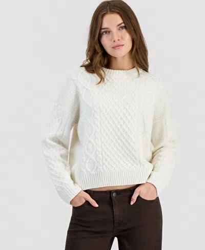 Hooked Up By Iot Juniors' Cable-knit Crew Neck Pullover In White