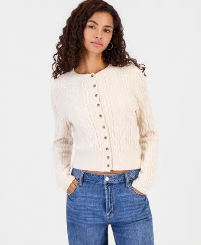 Hooked Up By Iot Juniors' Cable-knit Crew-neck Cardigan In Oat Milk