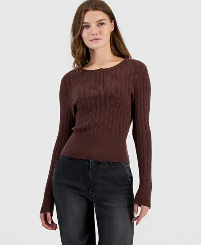 Hooked Up By Iot Juniors' Cable-knit Henley Long-sleeve Sweater In Brown