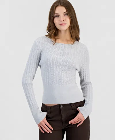 Hooked Up By Iot Juniors' Cable-knit Henley Long-sleeve Sweater In Gray