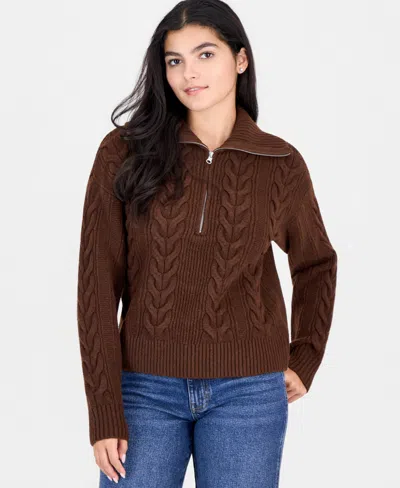 Hooked Up By Iot Juniors' Cable-knit Quarter-zip Pullover In Shaved Chocolate