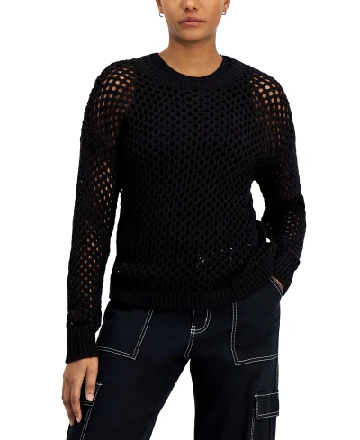 Hooked Up By Iot Juniors' Crewneck Long-sleeve Mesh Sweater In Black