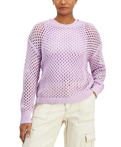 Hooked Up By Iot Juniors' Crewneck Long-sleeve Mesh Sweater In Lavender Lily