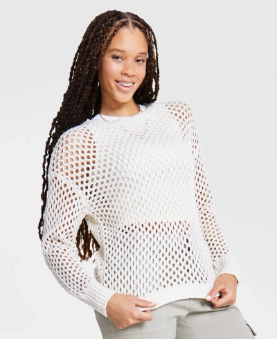 Hooked Up By Iot Juniors' Crewneck Long-sleeve Mesh Sweater In New Cream