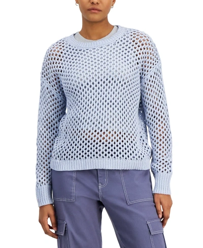 Hooked Up By Iot Juniors' Crewneck Long-sleeve Mesh Sweater In Skylight Blue
