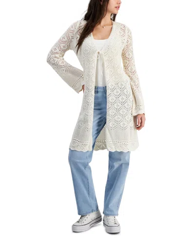 Hooked Up By Iot Juniors' Diamond Stitch Long-sleeve Duster In Cream