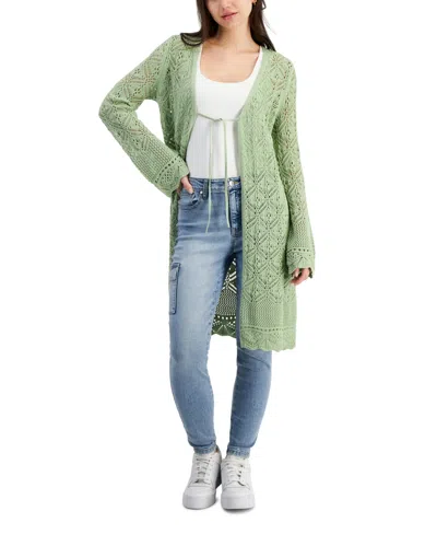 Hooked Up By Iot Juniors' Diamond Stitch Long-sleeve Duster In Fresh Sage