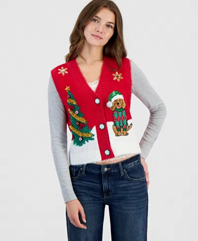 Hooked Up By Iot Juniors' Dog Holiday V-neck Vest In Red