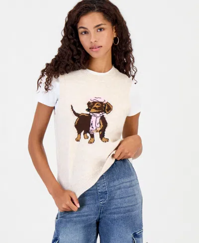Hooked Up By Iot Juniors' Dog Intarsia Crewneck Sweater Vest In Oat Ht