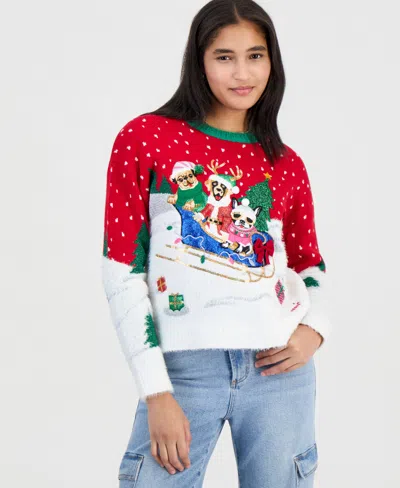Hooked Up By Iot Juniors' Dog Sled Holiday Christmas Sweater In Red
