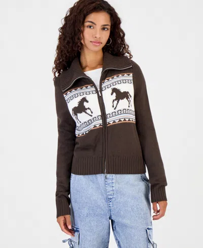 Hooked Up By Iot Juniors' Double-zip Collared Horse Motif Sweater In Chocolate Brown