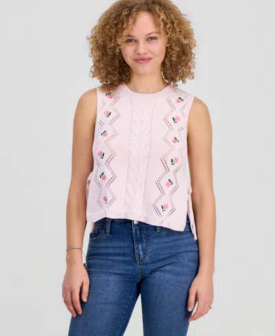 Hooked Up By Iot Juniors' Embroidered Floral Side-tie Sleeveless Sweater In Pink