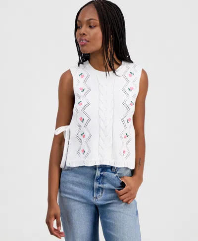 Hooked Up By Iot Juniors' Embroidered Floral Side-tie Sleeveless Sweater In Multi