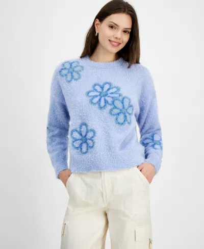 Hooked Up By Iot Juniors' Eyelash Floral Sweater In Blue Combo