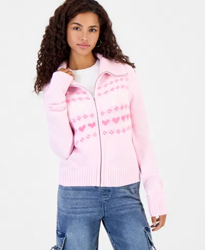 Hooked Up By Iot Juniors' Fair Isle Double Zip Cardigan In Pink Combo