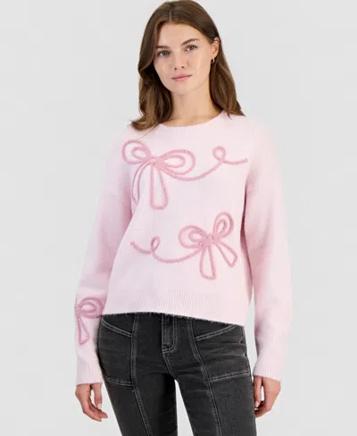 Hooked Up By Iot Juniors' Feather Soutache Bow Long-sleeve Crewneck Sweater In Pink