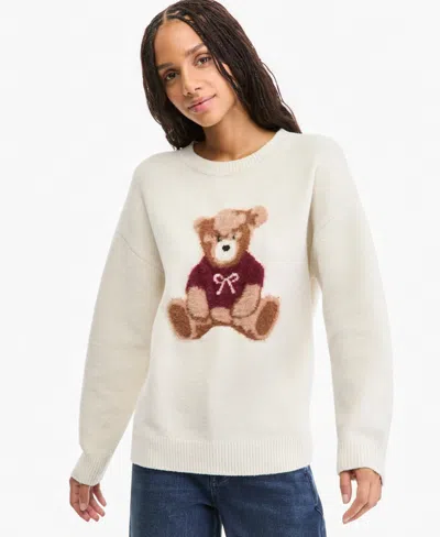 Hooked Up By Iot Juniors' Feather Teddy Bear Crewneck Long-sleeve Pullover Sweater In White