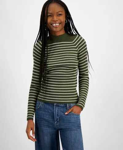 Hooked Up By Iot Juniors' Fine Gauge Mock-neck Striped Sweater In Camo Green