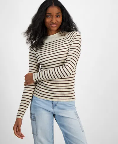 Hooked Up By Iot Juniors' Fine Gauge Mock-neck Striped Sweater In Oatmeal