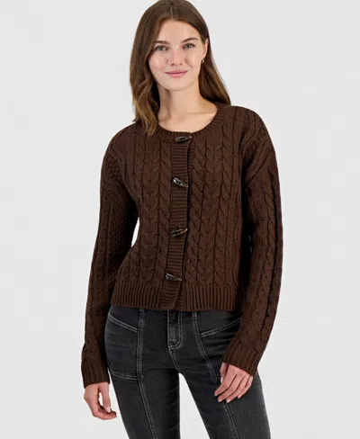 Hooked Up By Iot Juniors' Fitted Cable-knit Toggle Cardigan In Brown