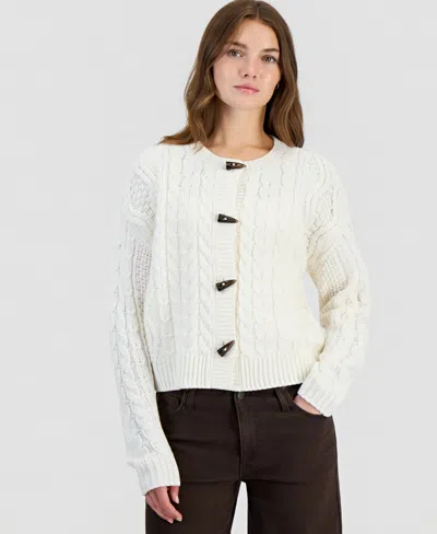 Hooked Up By Iot Juniors' Fitted Cable-knit Toggle Cardigan In White