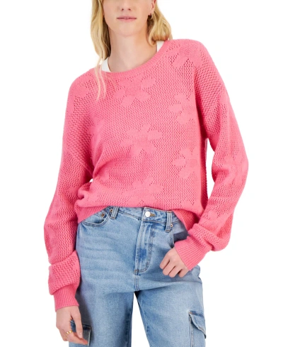 Hooked Up By Iot Juniors' Floral Mesh Crewneck Sweater In Agave Pink
