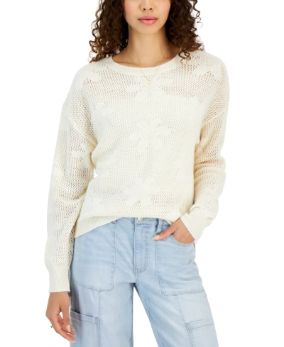 Hooked Up By Iot Juniors' Floral Mesh Crewneck Sweater In New Cream