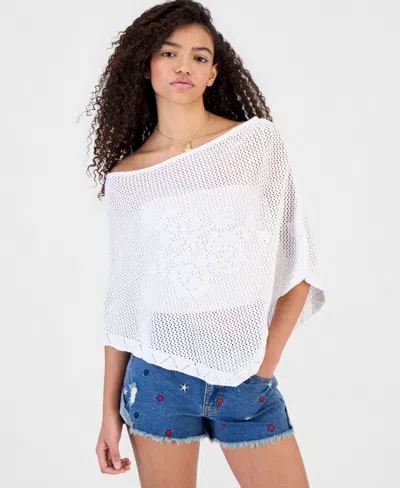 Hooked Up By Iot Juniors' Flower-detail Crochet Poncho In White