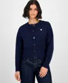 Hooked Up By Iot Juniors' Heart-embroidered Crewneck Cardigan In Blue