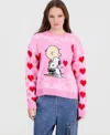 Hooked Up By Iot Juniors' Heart-knit Charlie Brown Sweater In Pink