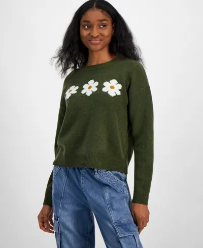Hooked Up By Iot Juniors' "it Girl" Crewneck Sweater In Green Daisy