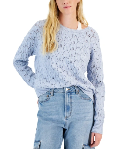 Hooked Up By Iot Juniors' Long-sleeve Pointelle Sweater In Skylight Blue