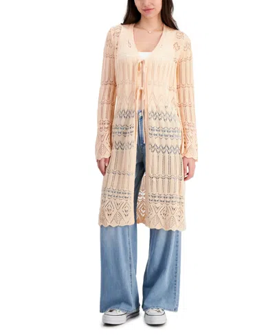 Hooked Up By Iot Juniors' Mixed-stitch Long-sleeve Tie-front Duster In Peach