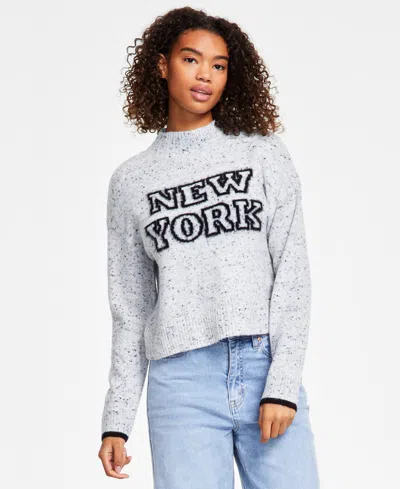 Hooked Up By Iot Juniors' New York Mock Neck Eyelash Sweater In New York Grey Combo