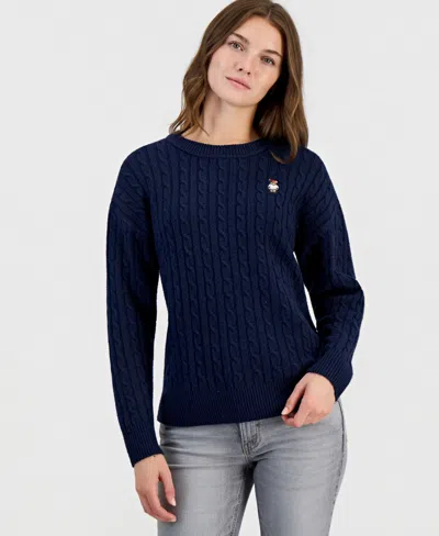 Hooked Up By Iot Juniors' Novelty Cable Bear Cable-knit Long-sleeve Sweater In Blue
