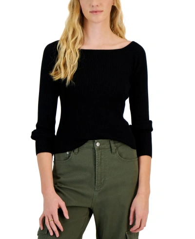 Hooked Up By Iot Juniors' Off-the-shoulder Ribbed Sweater In Black